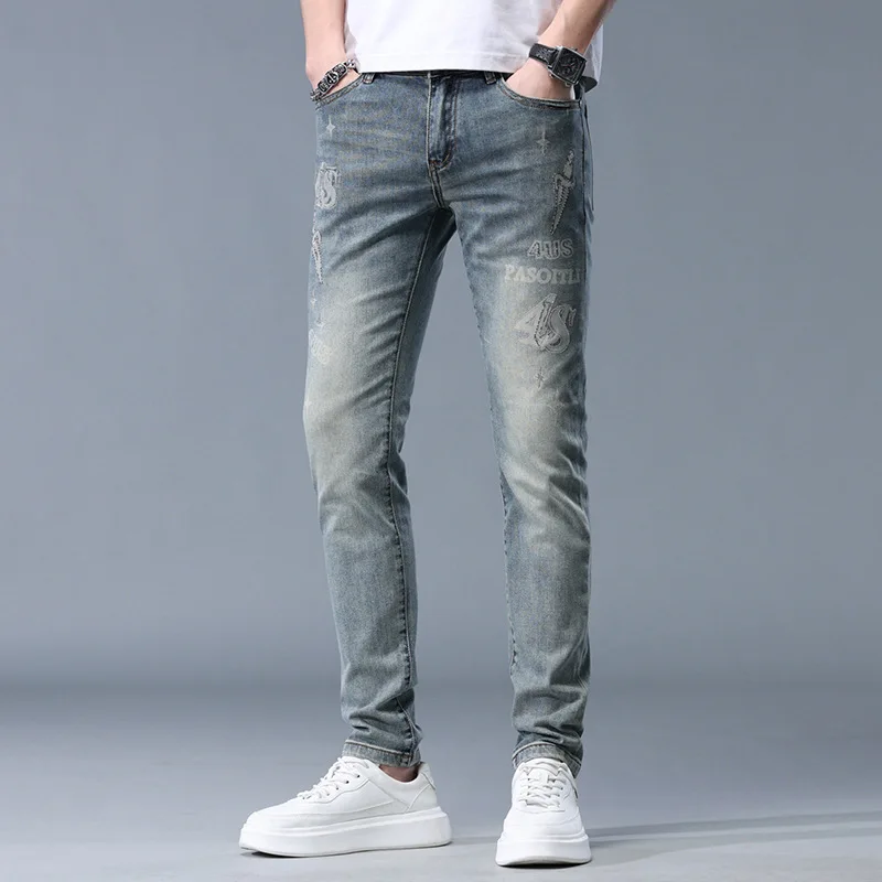 Fashion Rhinestone Printed Jeans Men 2024 New Summer Thin Elastic Light Luxury Versatile Casual Slim Fit Long Skinny Pants