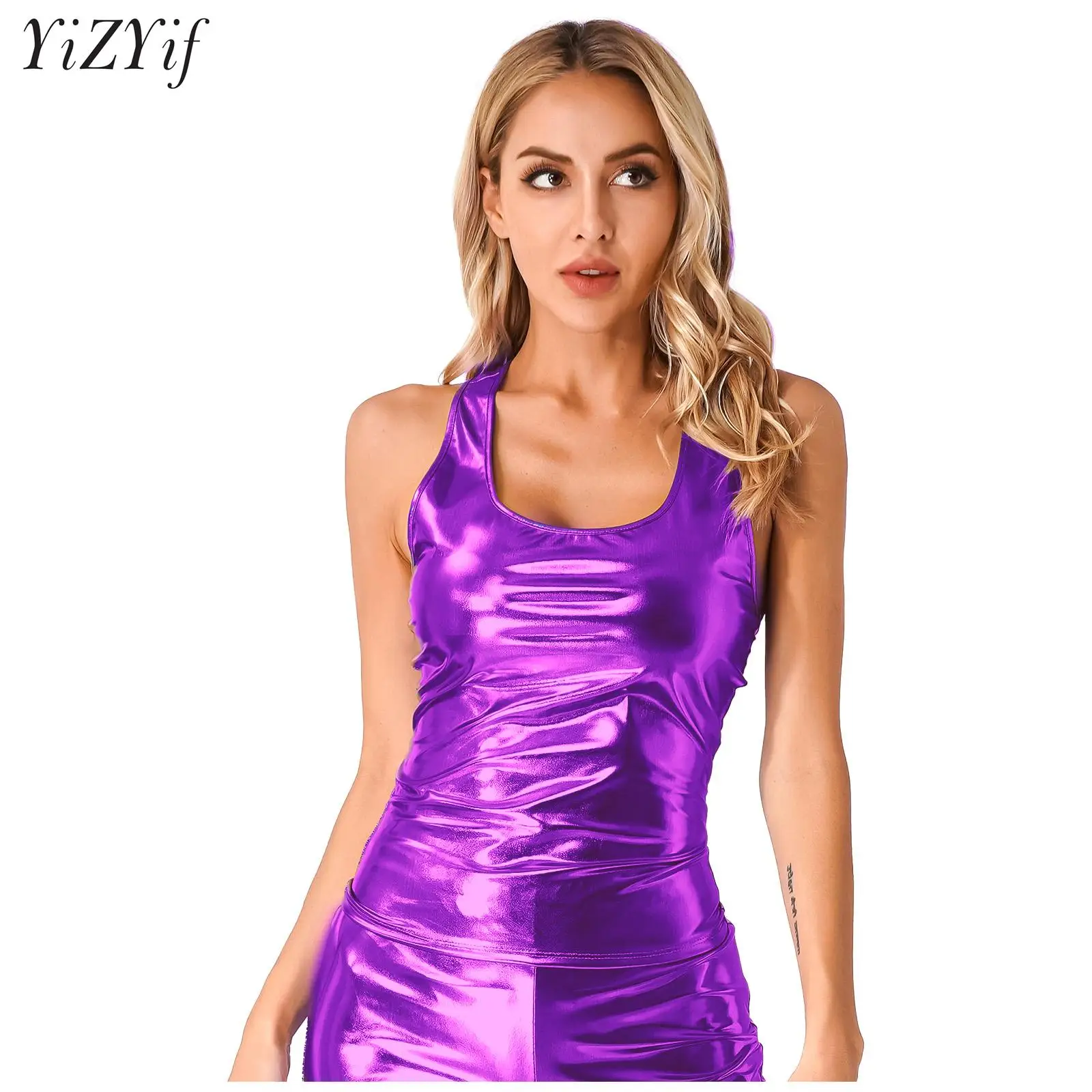 Women Retro Disco Hip Hop Metallic Tank Tops Sleeveless Racer Back Low Cut Vest Corset Stretchy Slim Fit Undershirt Clubwear