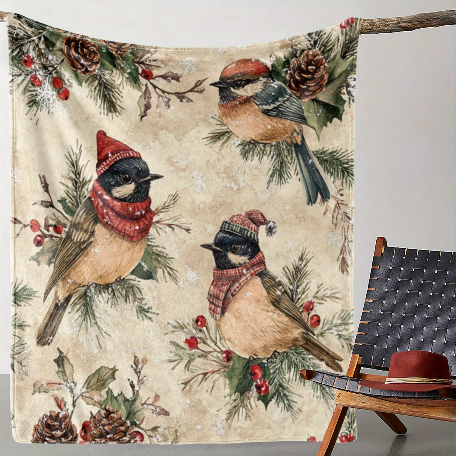 

Vintage Birds and Pinecones Print Flannel Throw Blanket - Soft, Warm, Polyester Knit Blanket for Sofa, Bed, Couch, Car, Office