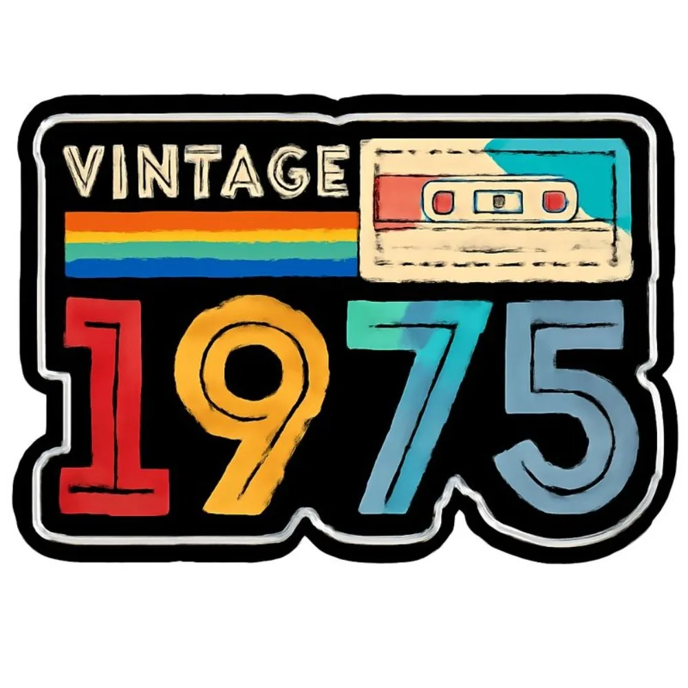 Vinyl Stickers for Flat Surfaces Showcasing Vintage Cassette Design from 1975 Adorned with Rainbow Stripes.