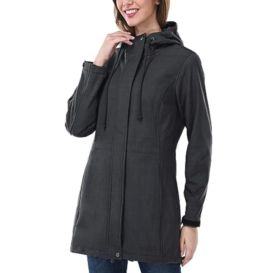 

Women's Lightweight Waterproof Fleece Lined Hooded Softshell Rain Jacket, Warm Windbreaker Long Coat