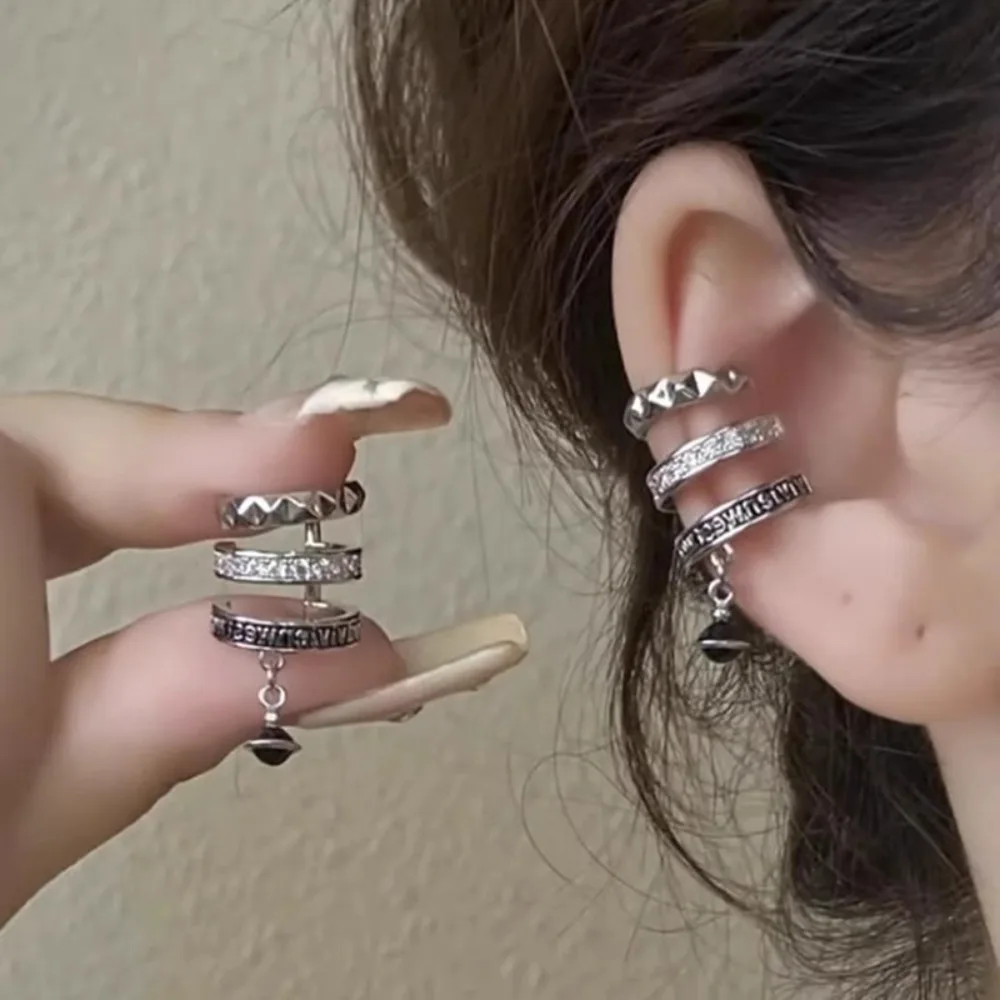 New Trendy Luxury 925 Sterling Silver Three-layer C-shaped Fake Piercing Clip Earrings for Women Flash  Zircon Ear Cuffs Jewelry