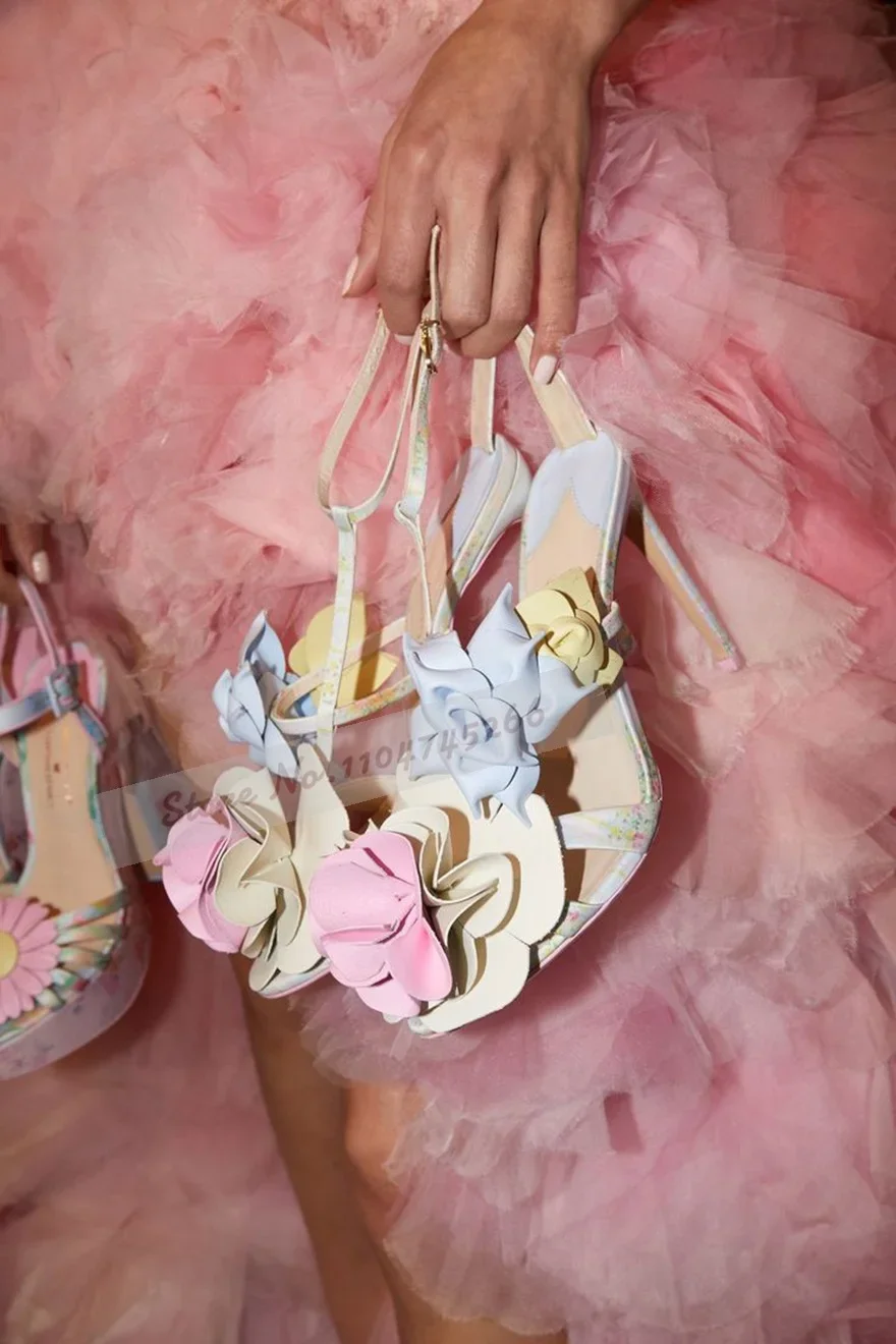 طفل الأزرق الوردي الملونة ثلاثية الأبعاد الزهور الصنادل الأزهار المطبوعة خنجر الكعوب زهر أحذية الزفاف مشبك حزام أحذية الصيف الحلو