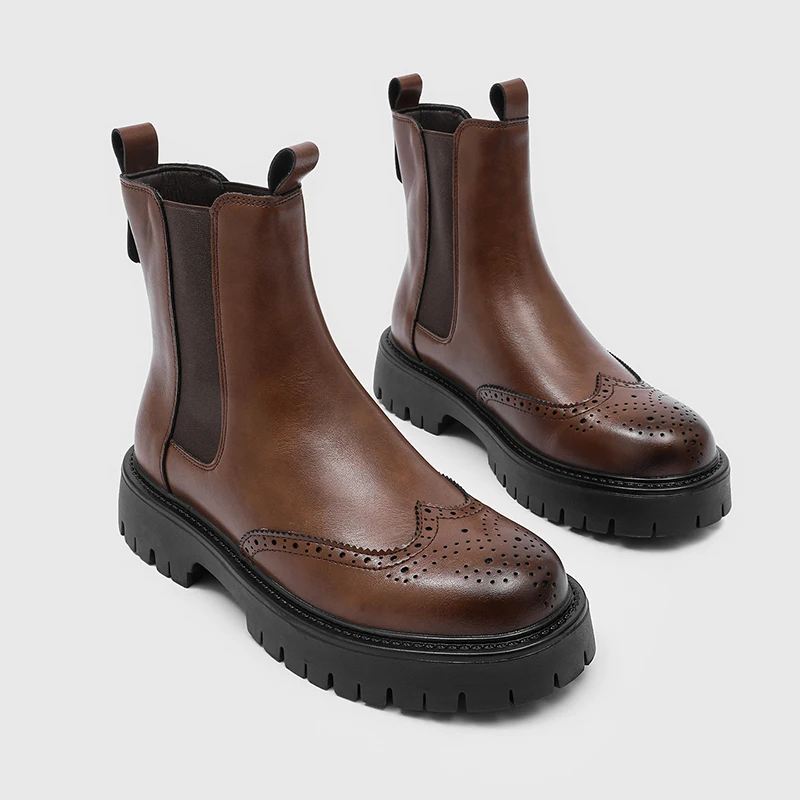 High End Men Chelsea Boots Carved Chimney Boots Business Casual Middle-aged Height Increasing Anti Slip Mid Top Boots