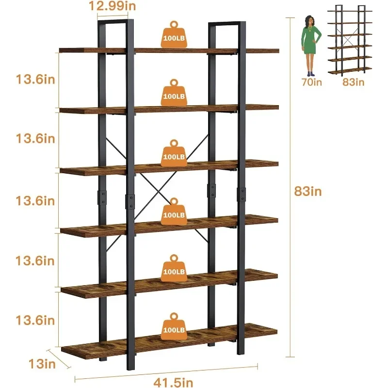 FRAPOW 83Inch Large Vintage Bookshelf, 6 Tier Industrial Etagere Displaying Bookshelf with Metal Frame