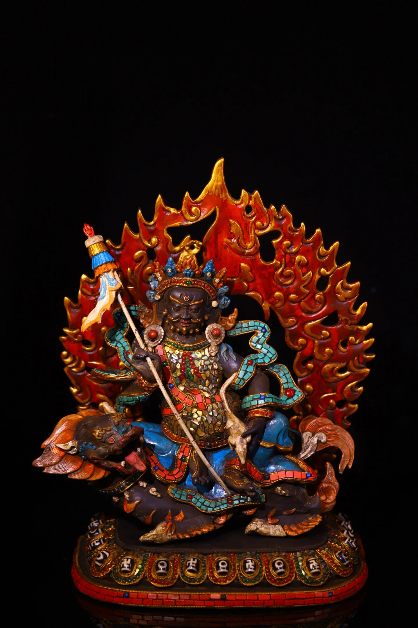 

13"Tibetan Temple Collection Old Bronze Gilded Mosaic Gem gZi Beads Turquoise Vaisravana Sitting Buddha Backlight Worship Hall