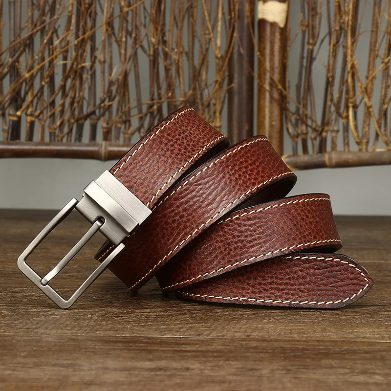 Retro Handmade Trendy Lychee Embossed First Layer Cowhide Belt Men's Genuine Leather Workwear Casual Pants Belt Men's Style