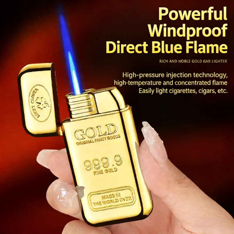 

2026 Новая надувная синяя пожарная зажигалка с золотым стержнем, металлическая ветрозащитная зажигалка для сигар с открытым пламенем, зажигалки для сигарет и аксессуары для курения
