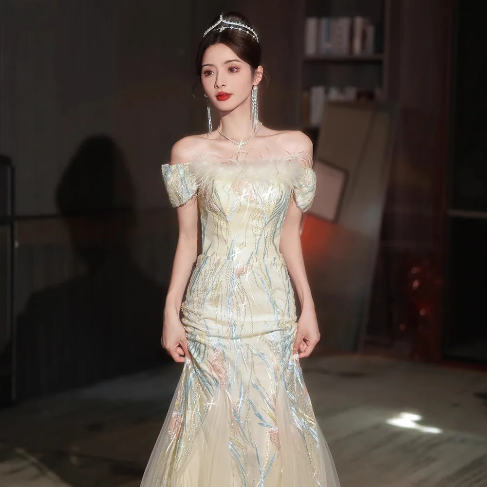 

Новинка 2024 года, вечернее платье Cheongsam 2025, расшитое блестками вечернее платье в западном стиле с открытыми плечами, роскошные банкетные свадебные платья