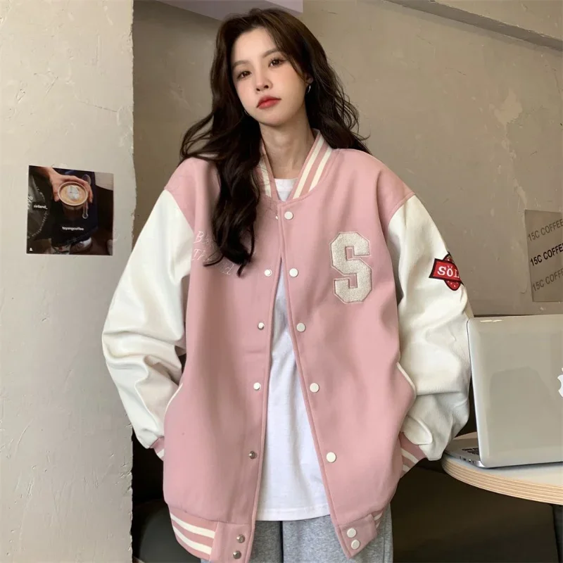 

Y2k Streetwear Bomber Jacket Women Oversized Varsity Jackets College Uniform Harajuku Fashion Korean Pink Baseball Coat