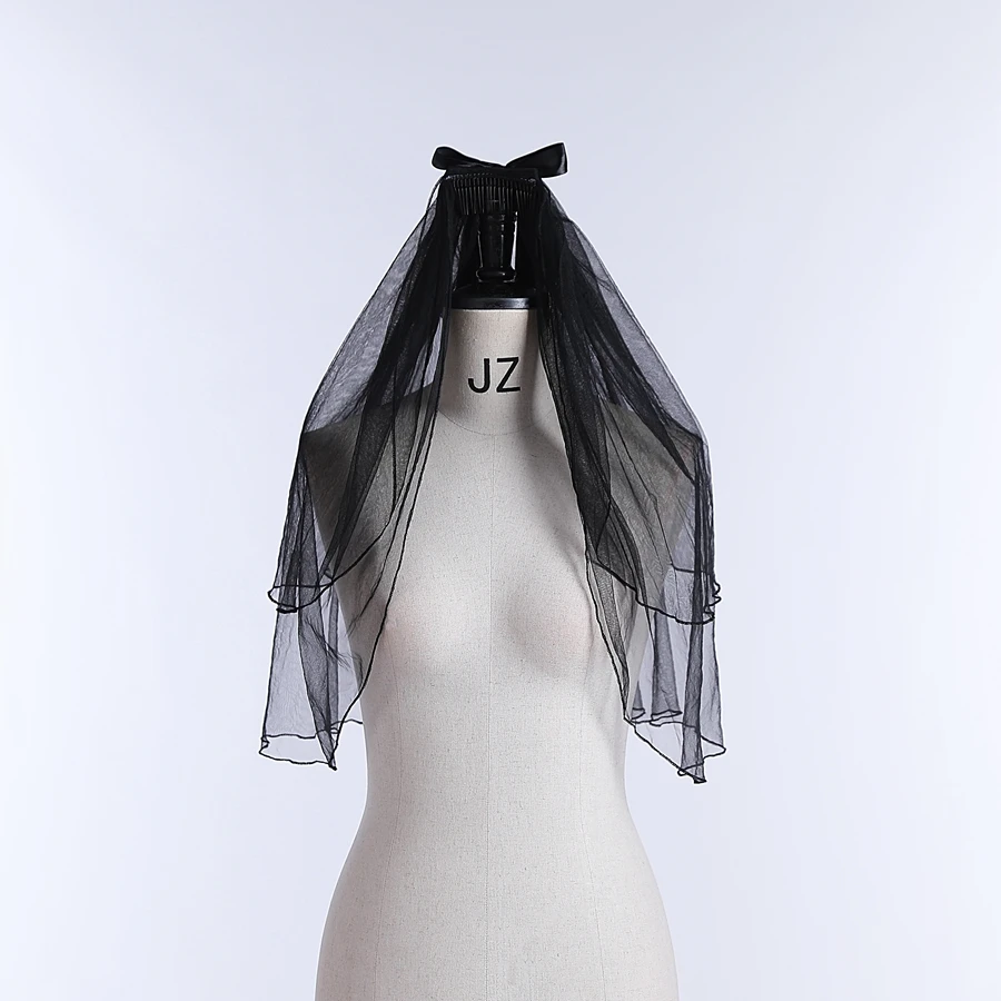 

Оптовая продажа: Короткая свадебная фата, черная, с бантом, кружевной отделкой, двухслойная, Velos De Novia 2026