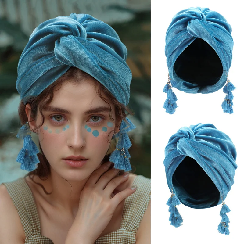 2025 New Ladies Velvet Turban Hats Woman Muslim Retro Fashion Pleated fringe Bohemian Tassel Cross headwarp Hijabs