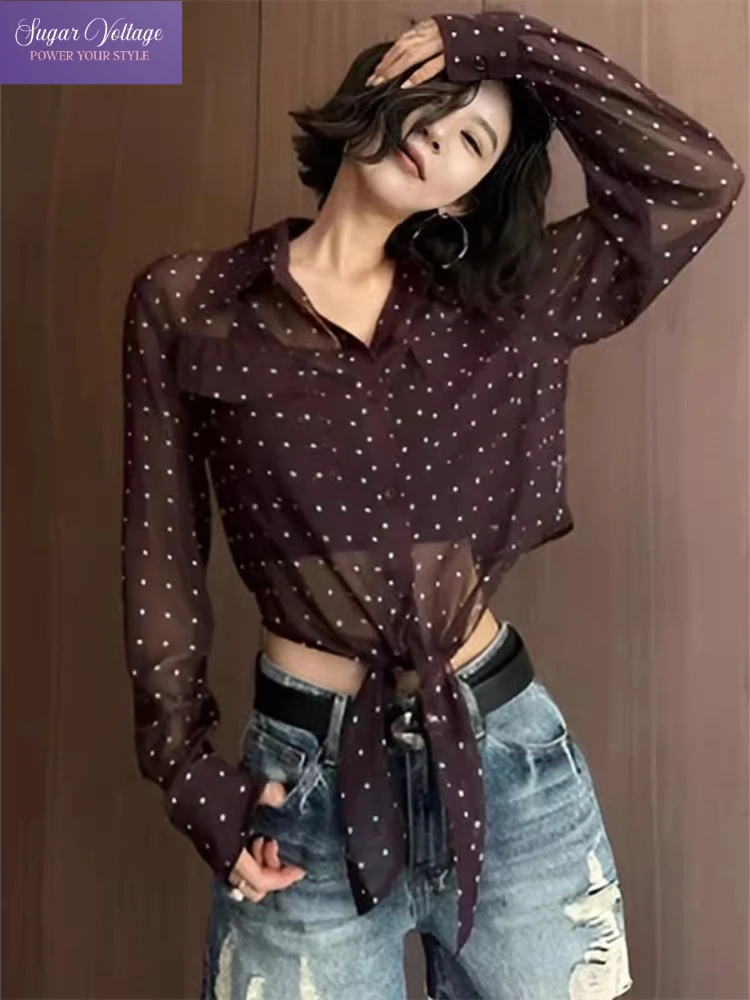 

French Elegant Chic Style Blouse Women Summer 2025 Sheer Polka Dot Polo Collar Long Sleeve Tie Front Loose Fit Sunscreen Shirt