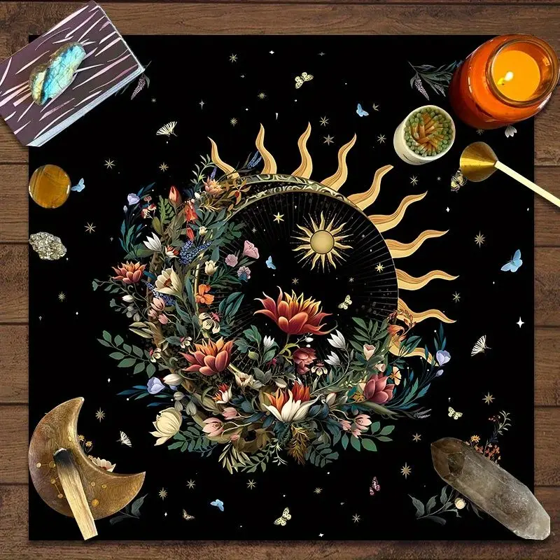 VIKAMA Sun Moon Wreath Flowers Tarot Tablecloth, Altar Divination Mat for Spiritual Desktop