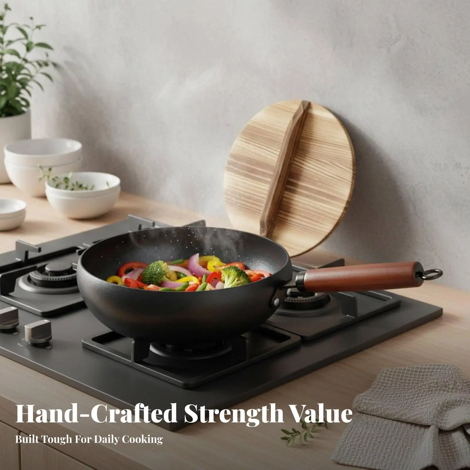 Traditional Hand Hammered Iron Wok Cooking Pan for Versatile Kitchen Use with Comfortable Wooden Handle and Hanging Loop