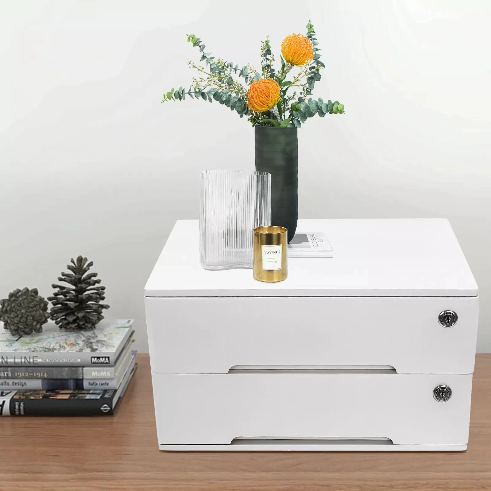 

Wooden 2-Drawer Desk Organizer - Lockable Storage Cabinet with 4 Keys