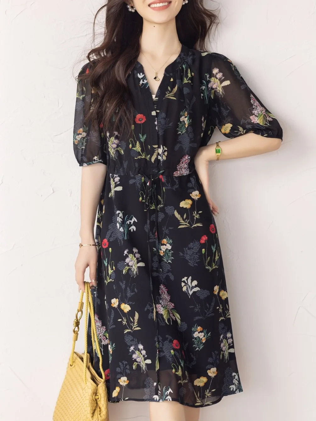 Été 2025 nouveau Sle femmes en mousseline de soie Dr ort Sve imprimé fleuri irt Dr matériau mince v-ne jupe mi-longue