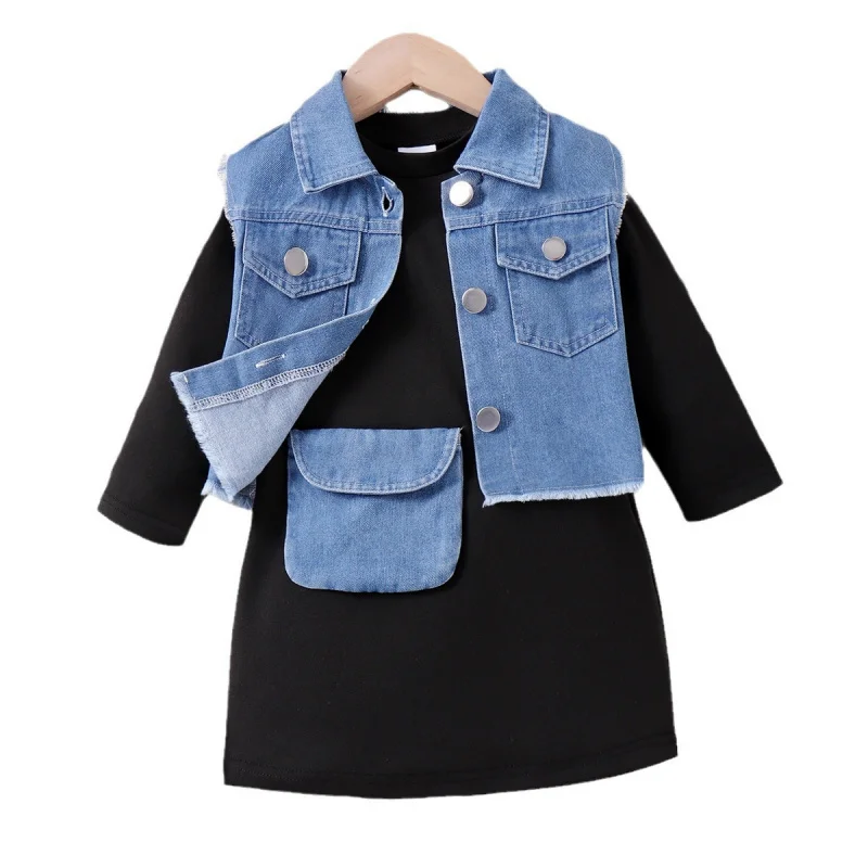 

New Autumn Girls' Outfit Denim Jacket Vest Long Sleeve Dress with Bag Three-Piece Set