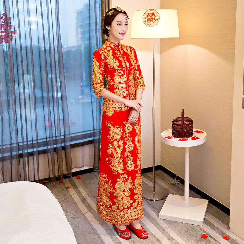 Traditional Chinese Bride Wedding Party Toast Qipao Dresses Bling Embroidery Dragon Phoenix Cheongsam Marry Dress Satin Skirt