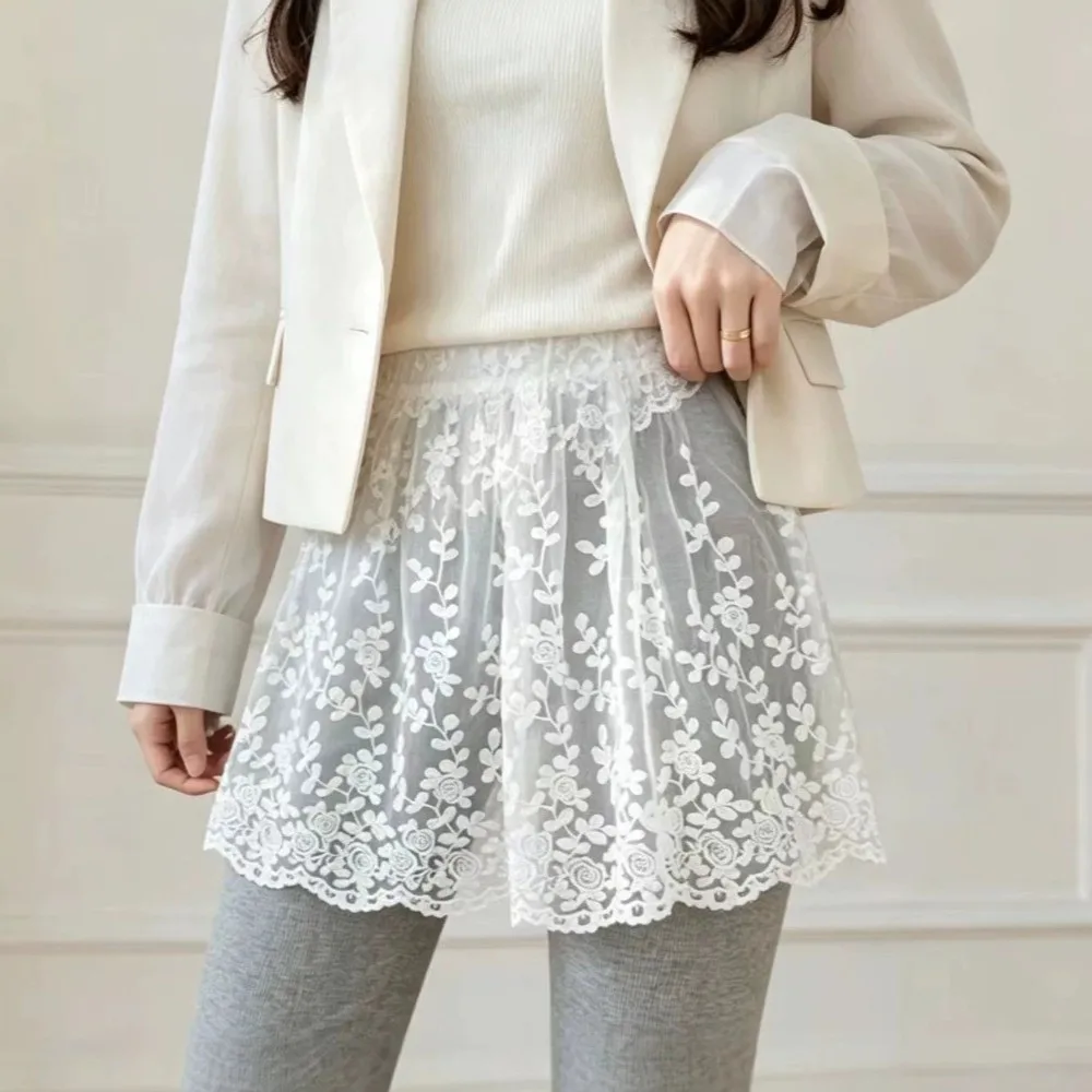 High Waist Half Slip Skirt Single Layer Elastic Waistband Lace Mini Skirt Floral Embroidery Mini Length Elastic Waist Skirt