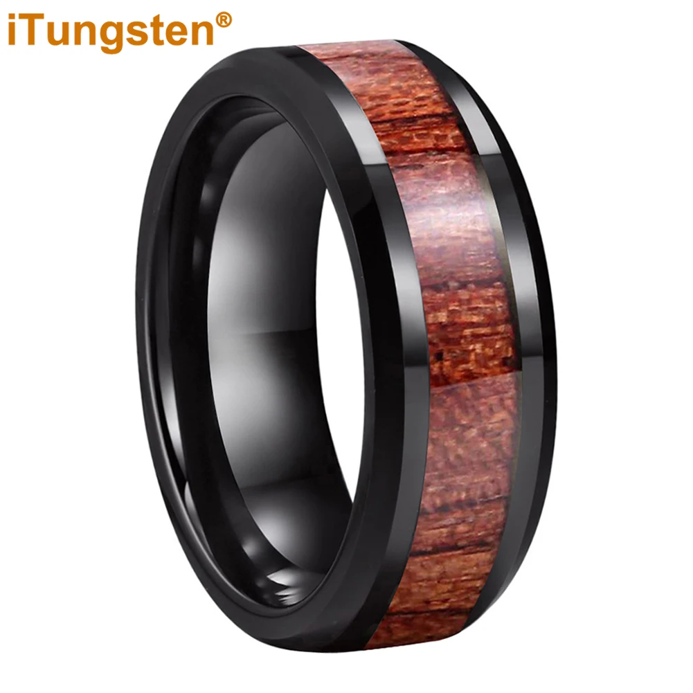 iTungsten 8mm Black Tungsten Carbide Ring for Men Women Engagement Wedding Band Rosewood Inlay Trendy Jewelry Comfort Fit