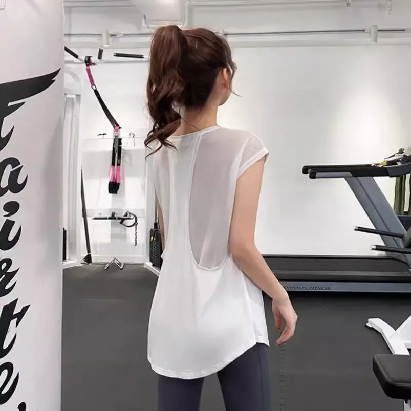 

Женская футболка для йоги и фитнеса, летняя, свободного кроя, для бега и тренировок, быстросохнущая, с коротким рукавом