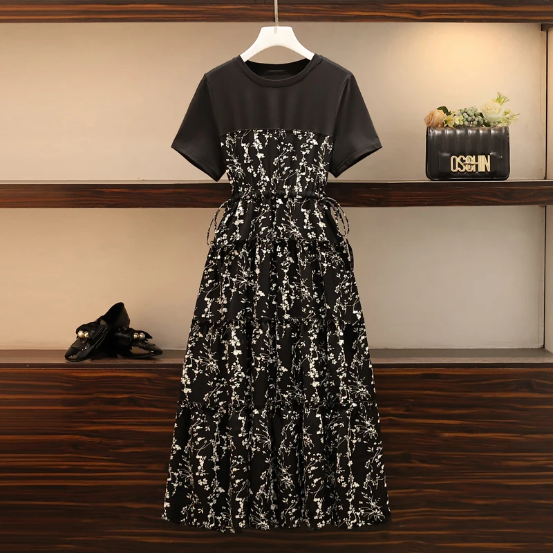 Plus Size Long Dresses For Women O Neck Short Sleeve Casual Female Elegant Floral Printed Spring Summer Slim Black Party Vestido