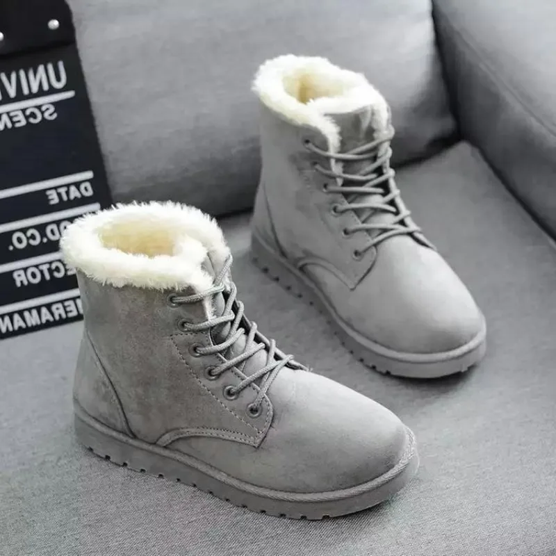 

Snow Boots Women Warm Fur Boots Platform Cotton Shoes Student Solid Flat Bottom Boots Trend Lace Up Ankle Boot Botas De Mujer