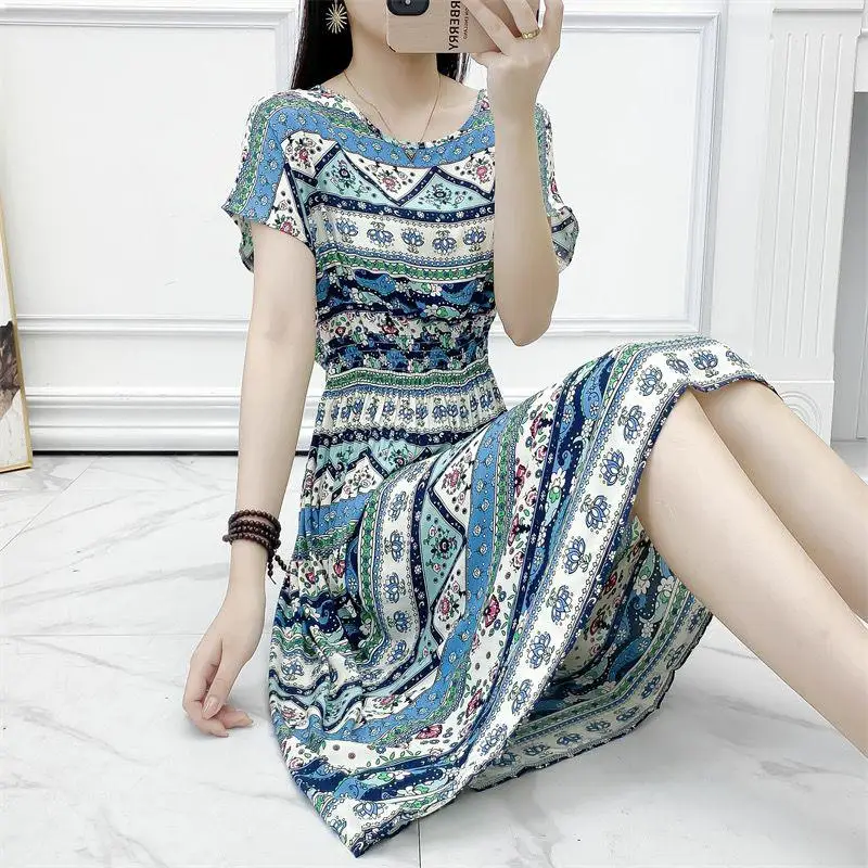 

n Sle Floral Print Cotton Silk Dr Summer Beach Vaion Beach Sand Fairy Skirt ort Sve Women's Set Student U...