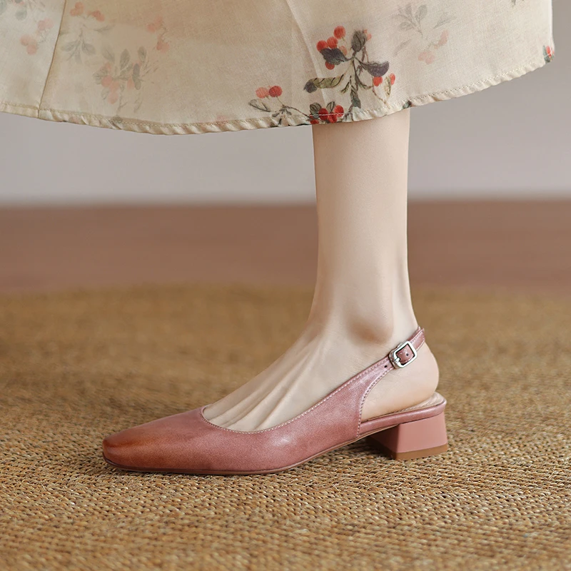 

Genuine Leather Plus Size 34-43 Pink Square Toe Chunky Heel Closed Toe Sandals Spring Summer Low Heel Backless Shoes for Women