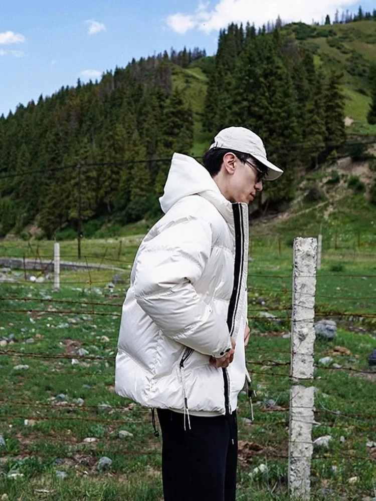 Winter Mens Fashion Thick Warm White Duck Down Jacket Teenagers Casual Outwear Overcoat Stand Collar Loose Fit White Duck Jacket
