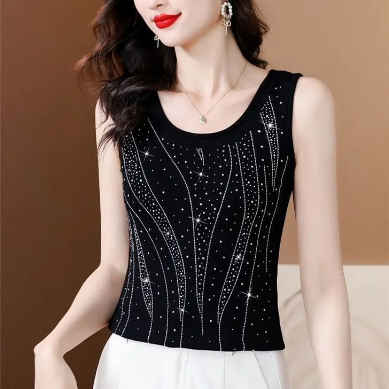 2024 Summer New Inner Wear Sling Sleeveless Suspender Women Slim Fit Chic Solid Color Rhinestones Cropped Tank Top image 4