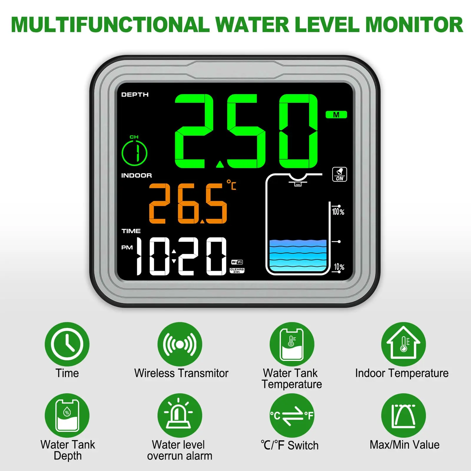 MASTFUYI 초음파 무선 수위 측정기 100M 범위 온도 센서 시간 표시 및 배터리 부족 경보 탱크 액체 모니터