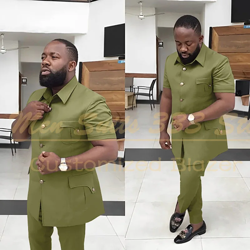 

Minimalist Solid Color Men's Suits 2 Piece Jacket Pants Full Sets Luxury Short Sleeve Regular Length Male Clothing Costume Homme