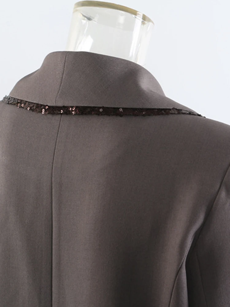 Woman Clothing Camel Sequins Spliced Big Size Long Blazer New Lapel Long Sleeve Jacket Fashion Tide Spring Autumn2025 outerwears