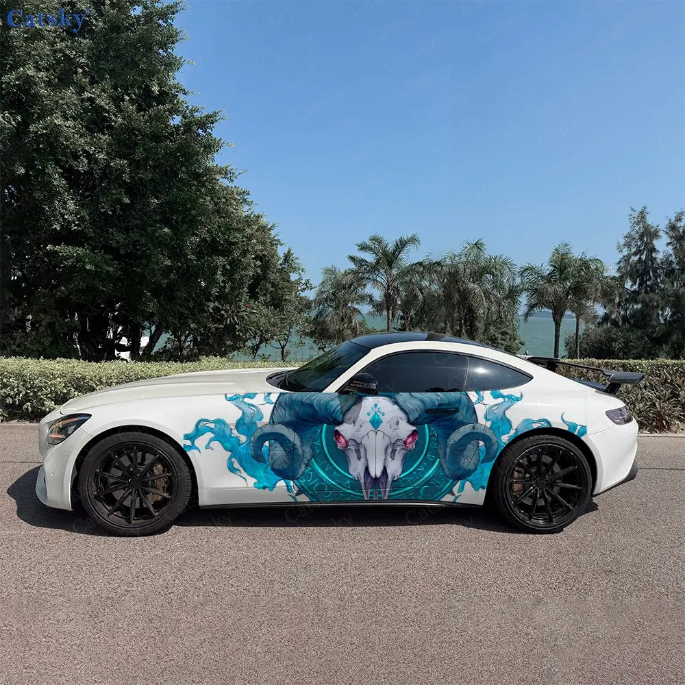 

2Pcs Cyan Flowing Curved Horn Cranial Car Side Wraps, Self-Adhesive PVC Waterproof & Scratch-Resistant Stickers, Car Accessory