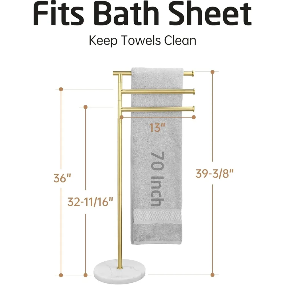 Toalheiro de banho autônomo em ouro escovado de 40 polegadas com base de mármore natural e 3 braços giratórios