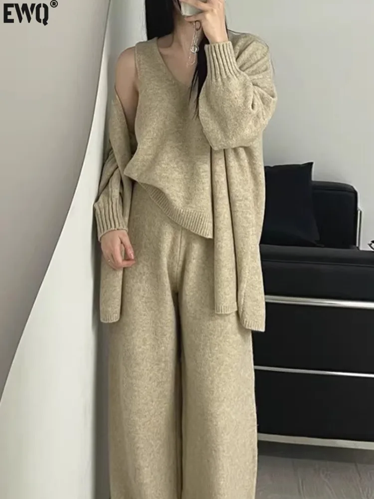 [EWQ] Simple Chic Knit Tank Long Sweater Jacket And High Waist Pants Casual Women Knit Three Piece Set 2024 Autumn New 16O2621