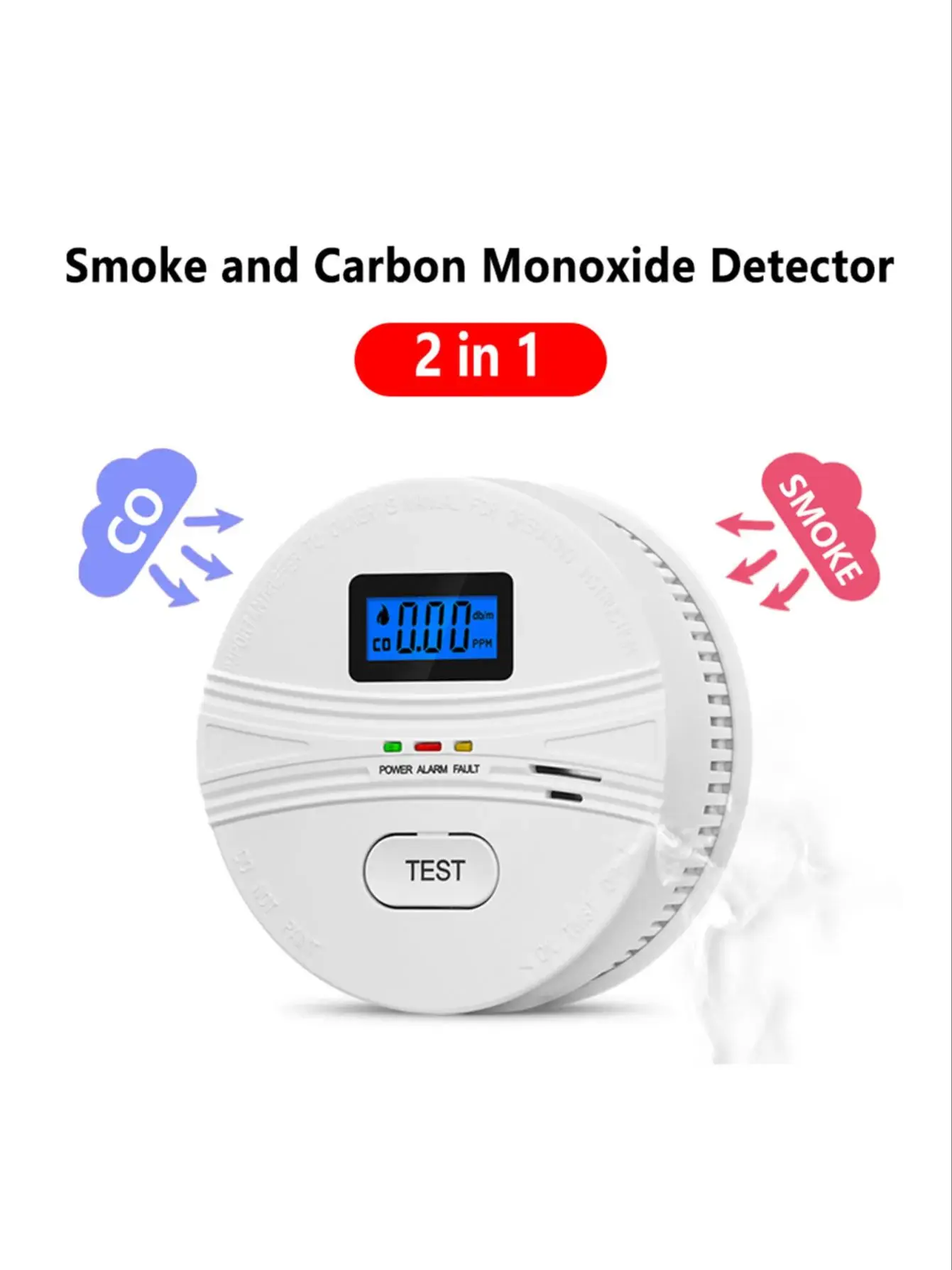 2-in-1 Smoke & CO Detector, Dual Sensor, Battery Operated, LCD Display, One-Touch Silence, Easy to Install & Portable for Travel