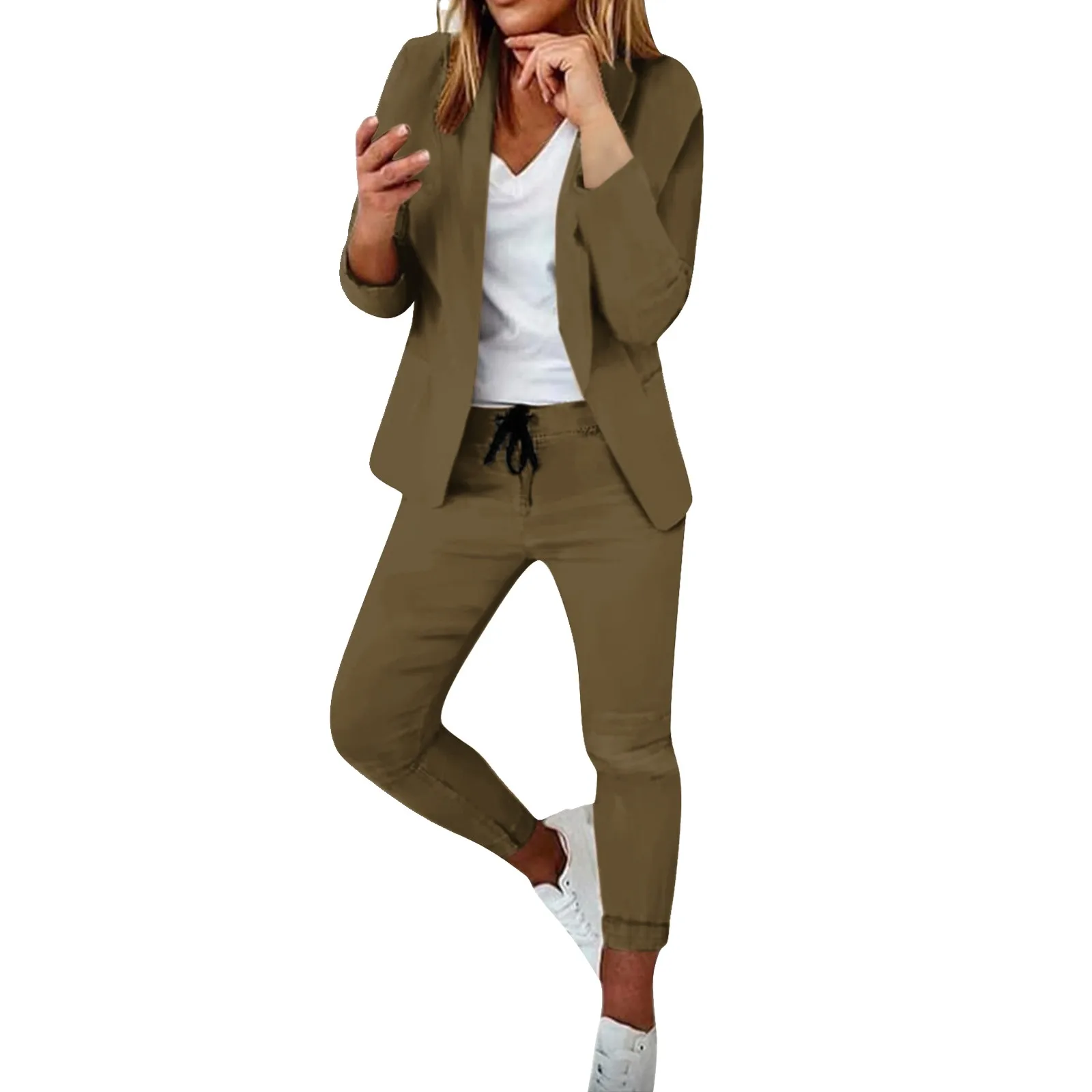 

Women's Slim Fitting Trouser Suit Two Piece Outfits Lapels Suit Set Business Solid Color Long Sleeve Coat And Pants Suits