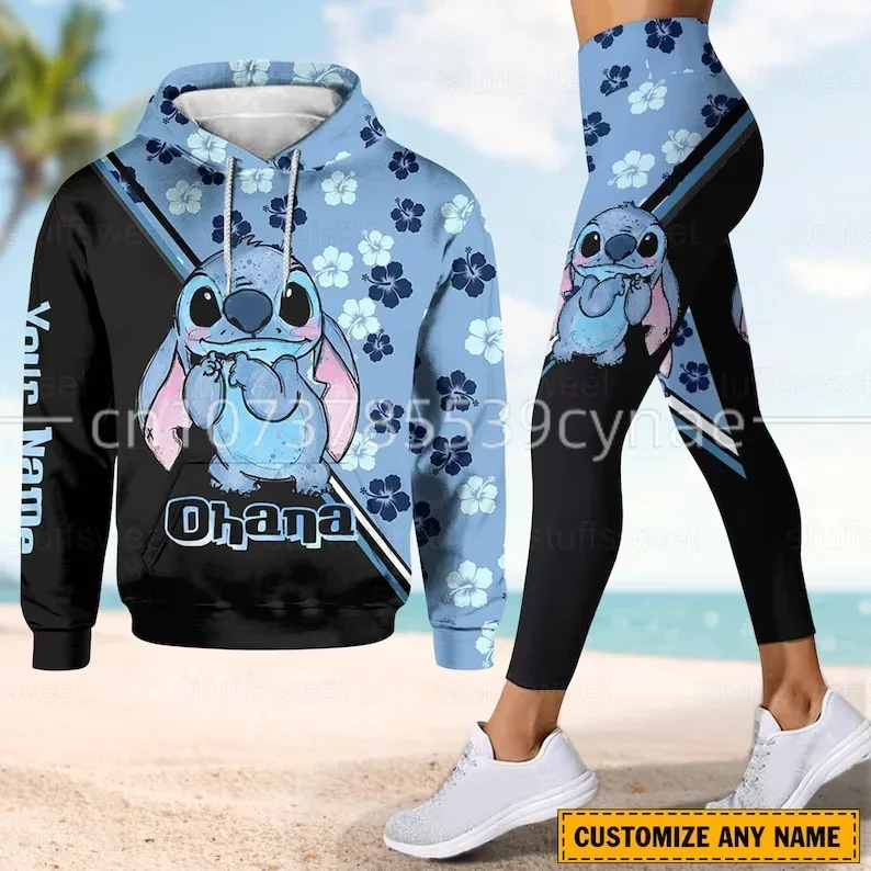 Disney-Conjunto feminino com capuz e leggings 3D, terno esportivo Mickey, calça ioga, moletom fashion