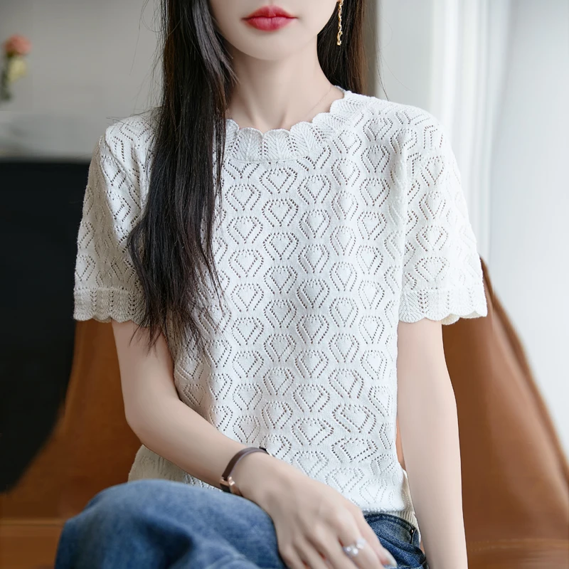 

100% Pure Cotton Women's Short Sleeved New Hollow Lace Round Neck Knitted Pullover, Summer New Loose Fit T-Shirt Versatile Tops