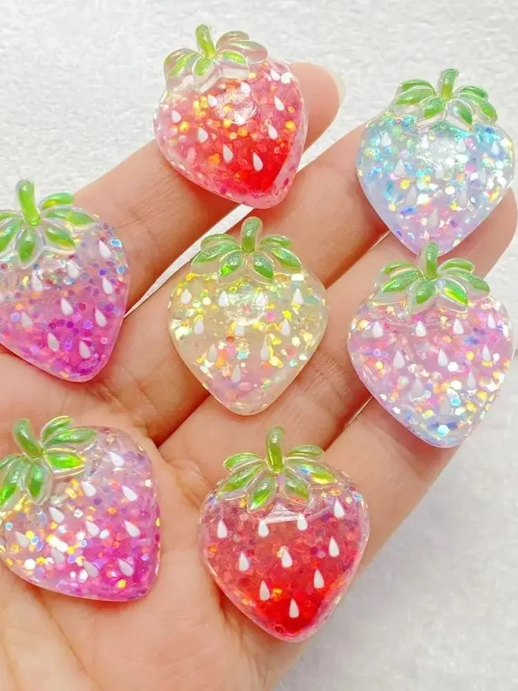 Figurines de fruits fraises en résine colorée à paillettes, 10 pièces, pierres à dos plat, Scrapbook, bricolage, bijoux, artisanat de décoration