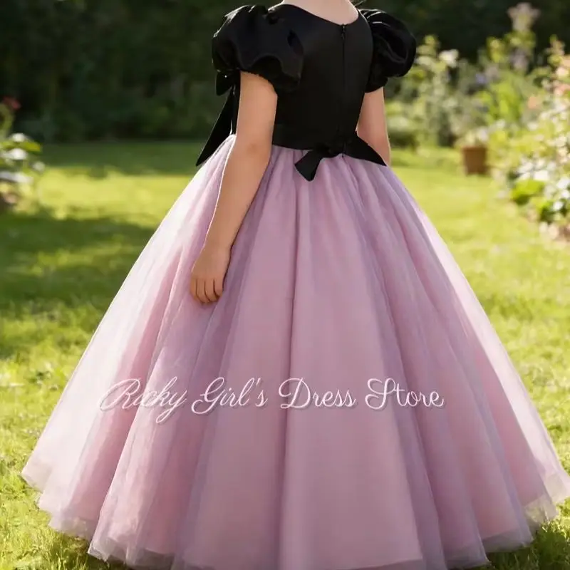 Customized Short Sleeve Birthday Party Princess Dress Tulle Satin Purple And Pink Flower Girl Dress Runway Piano Performance