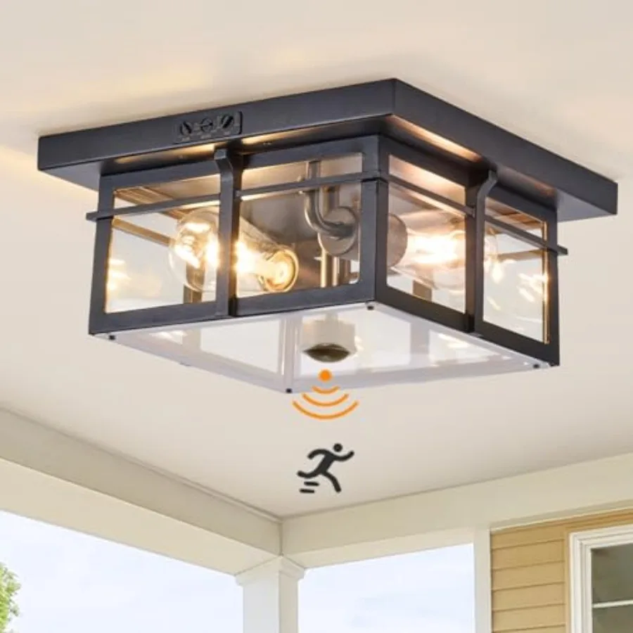 

Motion Sensor Outdoor Flush Mount Ceiling Light, Industrial Glass Rustic Wood-Like Finish 2-Light Ceiling Lamp for Porch, Entry