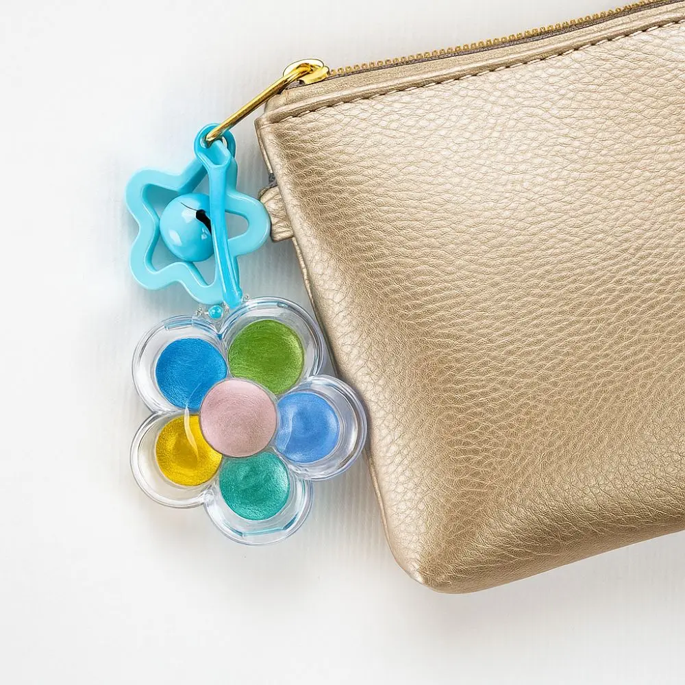 

Multicolour Flower Paint Box Keychain Decorative Pearlescent Portable Keychain with A Bell Cute Watercolor Box Keychain