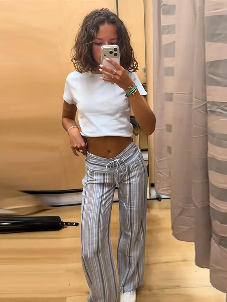 Gestreifte Bandage-Freizeithose für Damen, Streetwear, hohe Taille, Schnürung, getäfelte, lockere Hose mit weitem Bein, modische Partykleidung für Damen – Detail 17