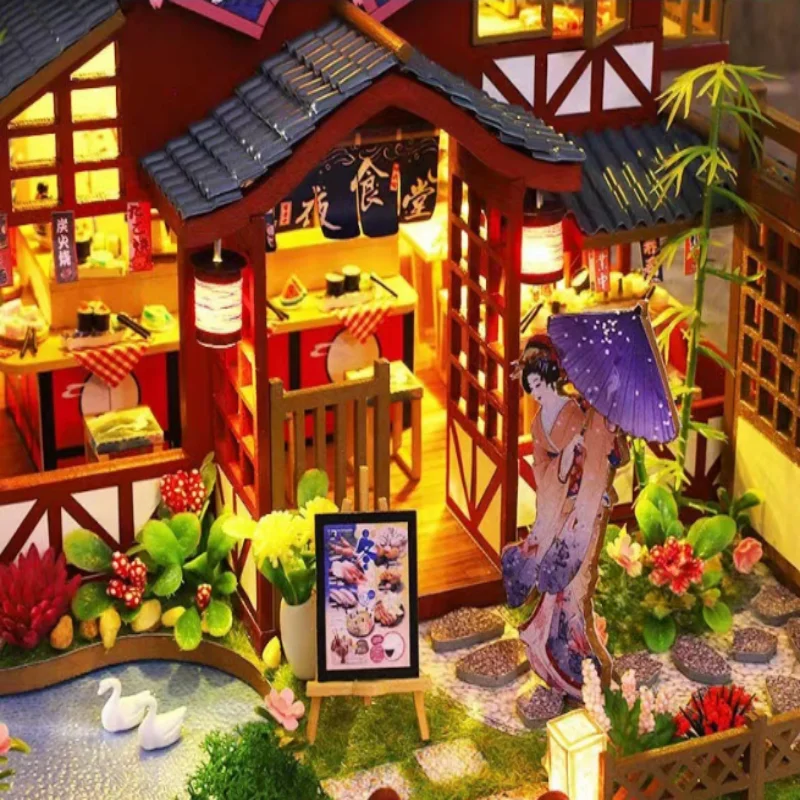 OUZEY Japanese Zen Villa DIY، منزل خشبي مزدوج الطبقات ثلاثي الأبعاد، نموذج حديقة تقليدي للمراهقين #4