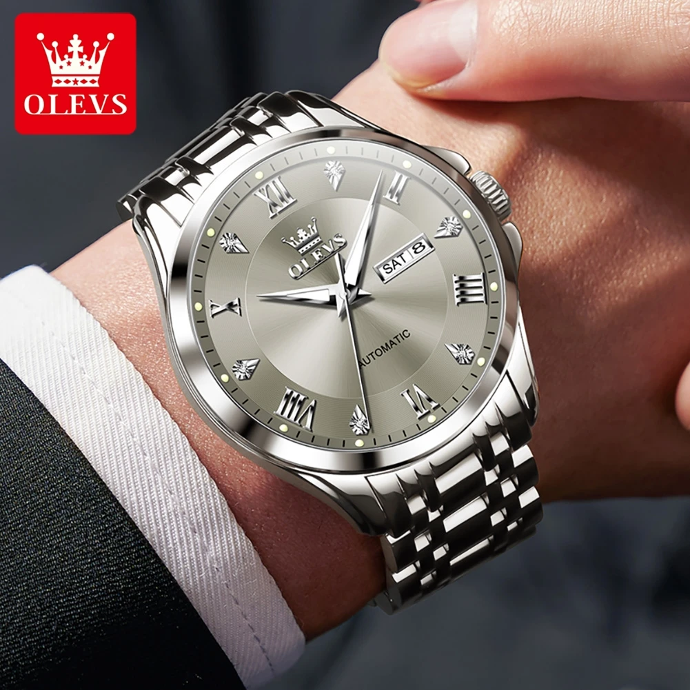 OLEVS Mens Watches Business Automatic Mechanical Watch For Man Date Waterproof Stainless Stee Watch Bands Roman Numeral 6702