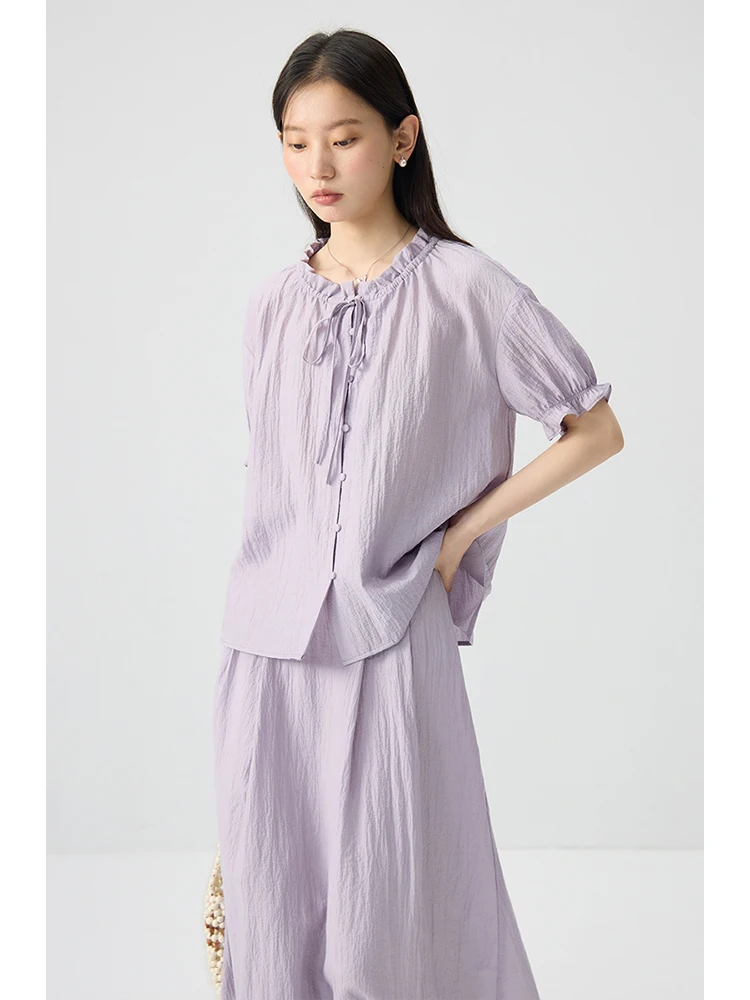 ZIQIAO Women Summer Thin Blouse Light Purple Loose Single Breasted Short Sleeve Shirt Round Neck Female Tops 24ZQ92396